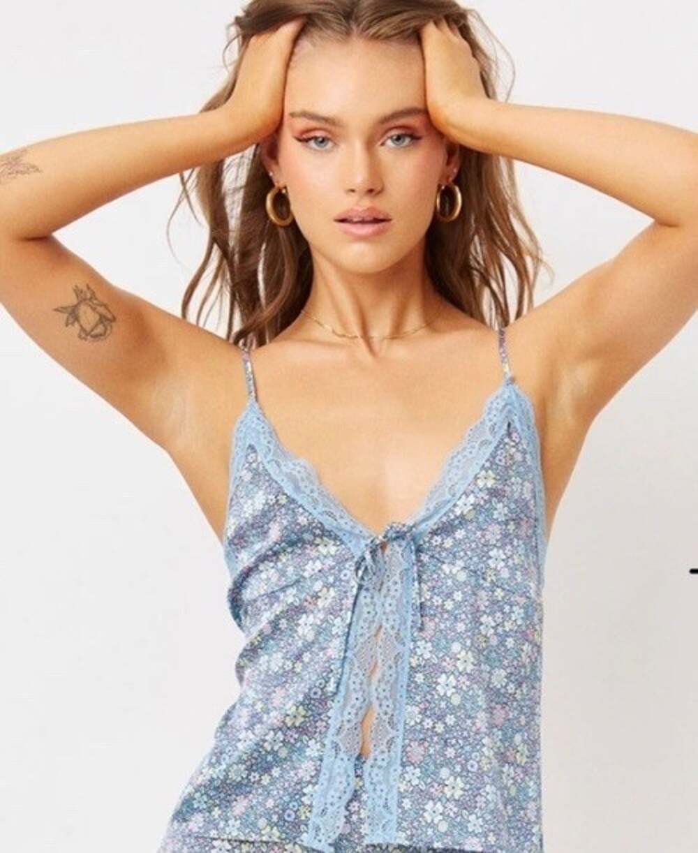 Frankies Bikinis Y2K Silk Tie Front Cami Top S Lace Floral 90’s